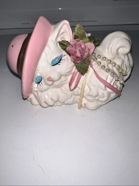Vintage Ceramic piggy bank Kitty Figurine with Pink Hat & Floral Accent